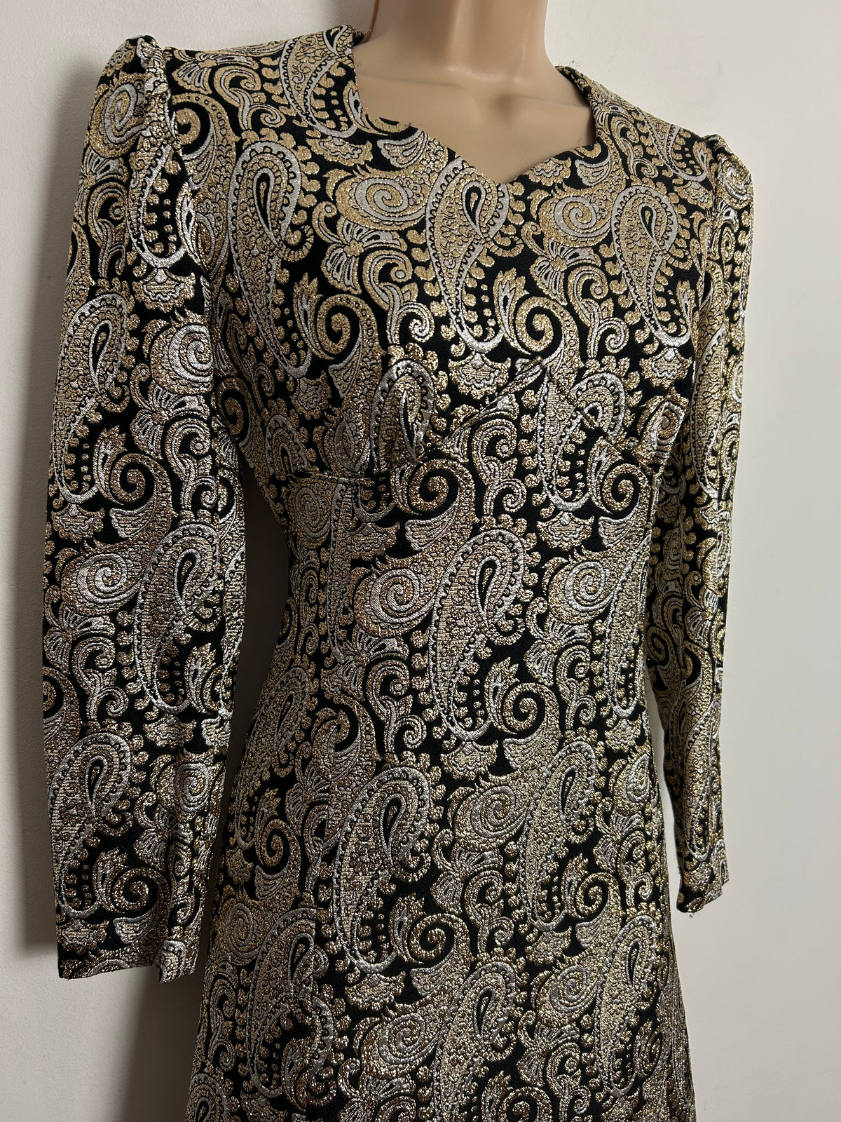 Vintage 1960s UK Size 8 Black Gold & Silver Metallic Lurex Brocade Occasion Evening Maxi Dress