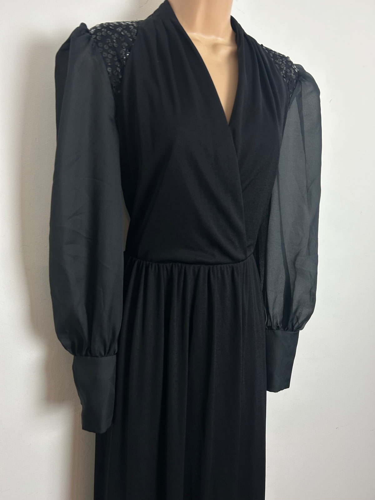 Vintage Early 1980s Size 10-12 Black Sequin Detail Long Sleeve Evening Maxi Dress