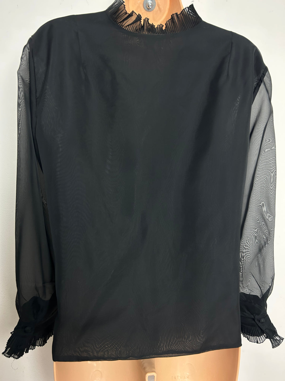 Vintage 1960s ELAMOD PARIS Size 16 Black Ruffle Trim Bow Detail Blouse