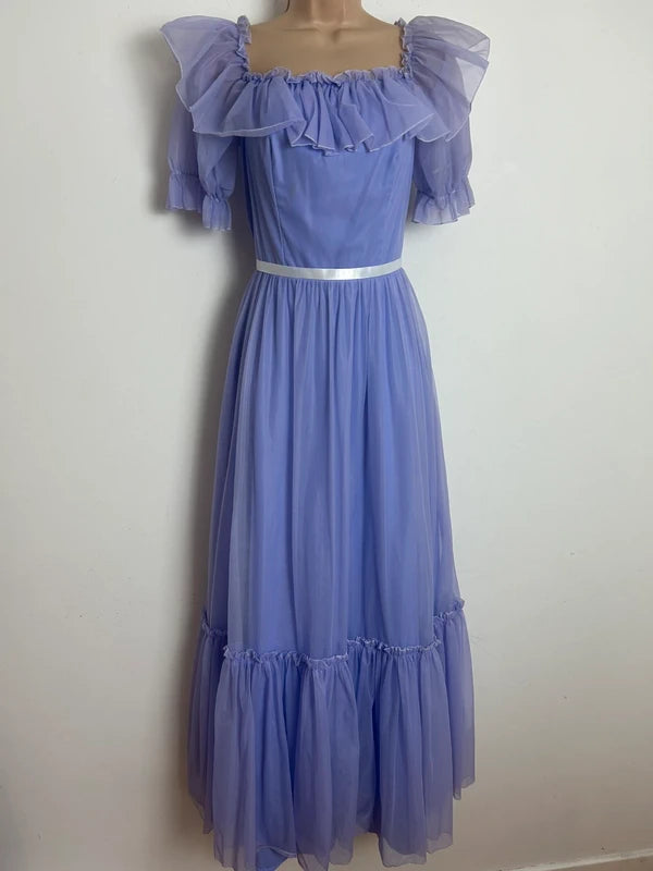 Vintage Late 1970s Size 6-8 Lilac Nylon Chiffon Ruffle Collar Prairie Maxi Dress