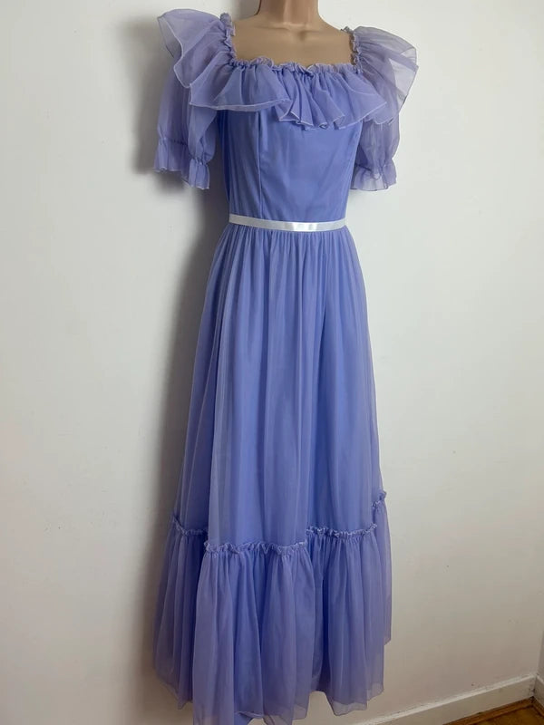Vintage Late 1970s Size 6-8 Lilac Nylon Chiffon Ruffle Collar Prairie Maxi Dress