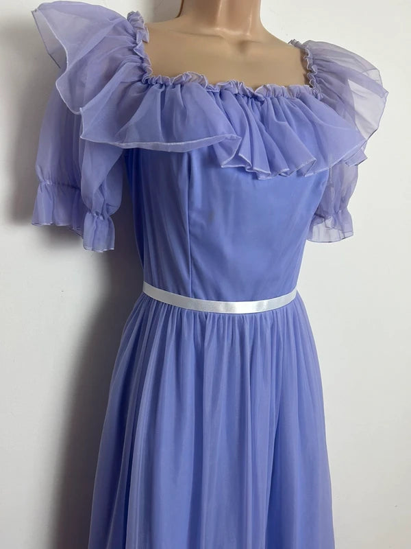 Vintage Late 1970s Size 6-8 Lilac Nylon Chiffon Ruffle Collar Prairie Maxi Dress