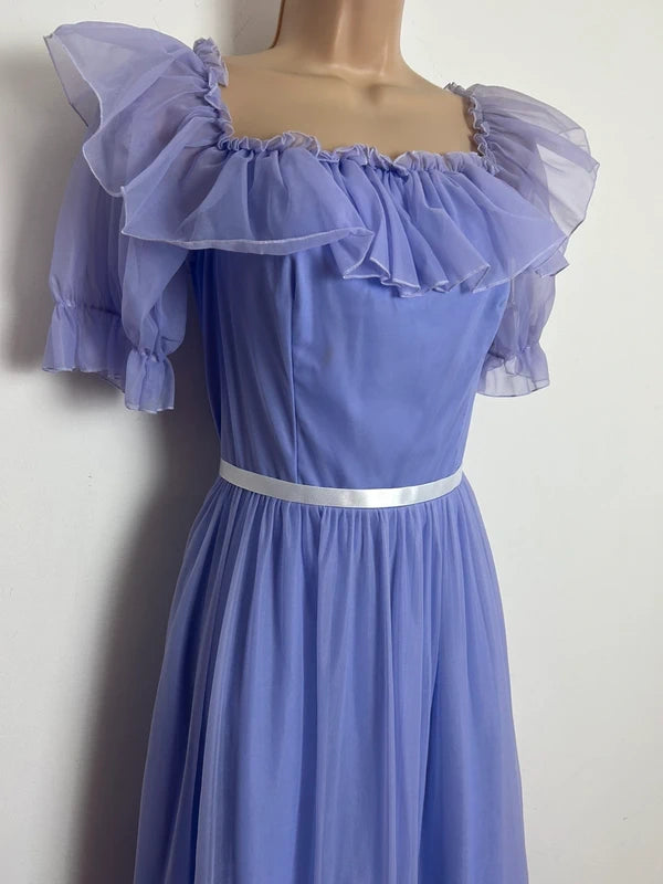 Vintage Late 1970s Size 6-8 Lilac Nylon Chiffon Ruffle Collar Prairie Maxi Dress