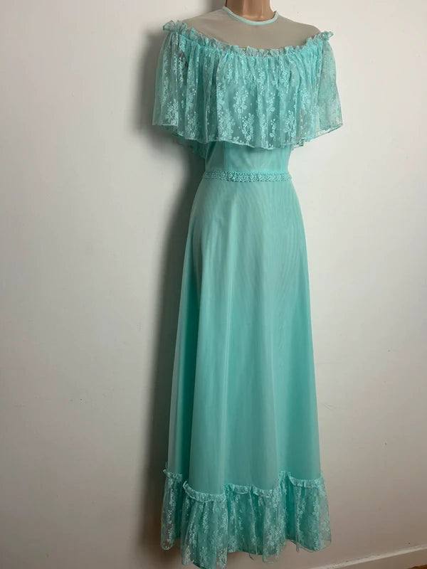 Vintage 1970s Size 6-8 Mint Green Nylon Lace Frill Prairie Boho Maxi Dress