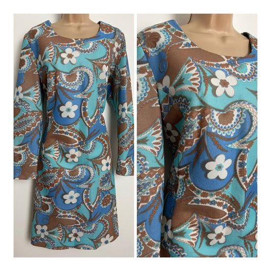 Vintage 1960s DEVONSHIRE LADY Size 14-16 Blue Brown & White Psychedelic Floral Print Mod Shift Dress