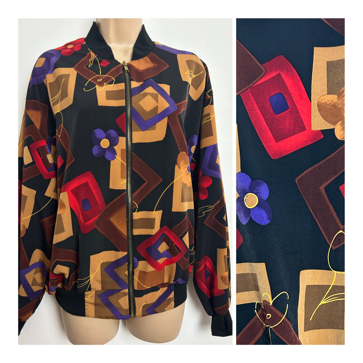 Vintage 1980s Size 12 Black Brown Red Purple Abstract Geo Print Bomber Jacket