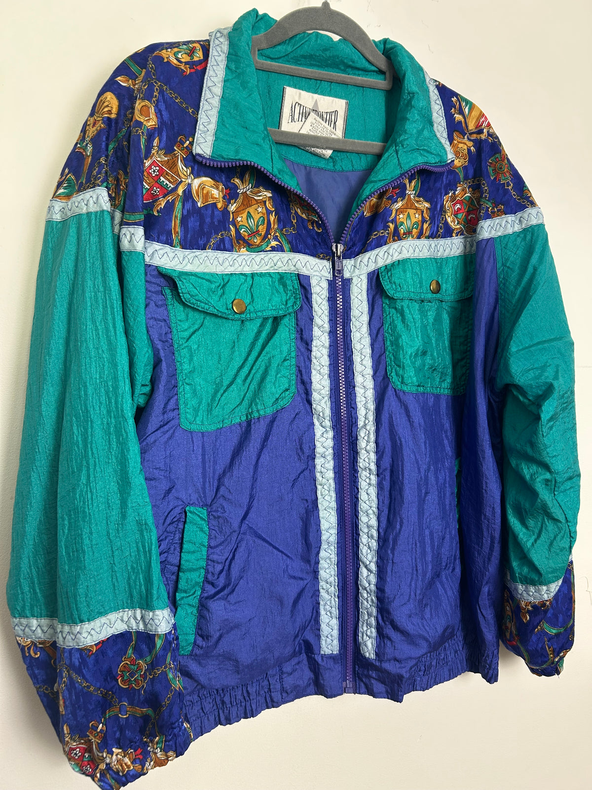 Vintage 1980s ACTIVE FRONTIER Size L (Up To Size 16) Blue & Green Baroque Novelty Print Shell Suit Jacket