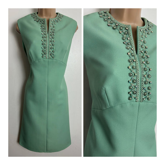 Vintage 1960s Size 12 Spearmint Green Bead Diamante & Braid Trim Embellished Mod Occasion Shift Dress
