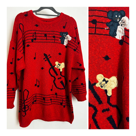 Vintage 1980s Up To Size 12-14 Red & Black Musical Theme & Mice Applique Novelty Jumper