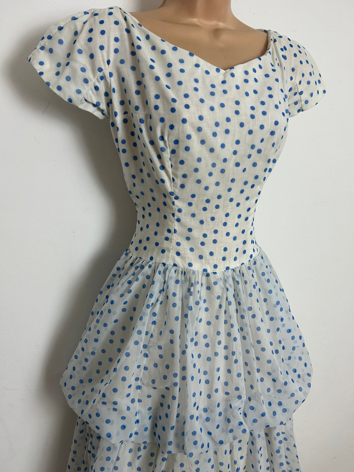 Vintage Late 1950s PECK & PECK Size 8 White & Blue Polka Dot Layered Party Prom Occasion Dress