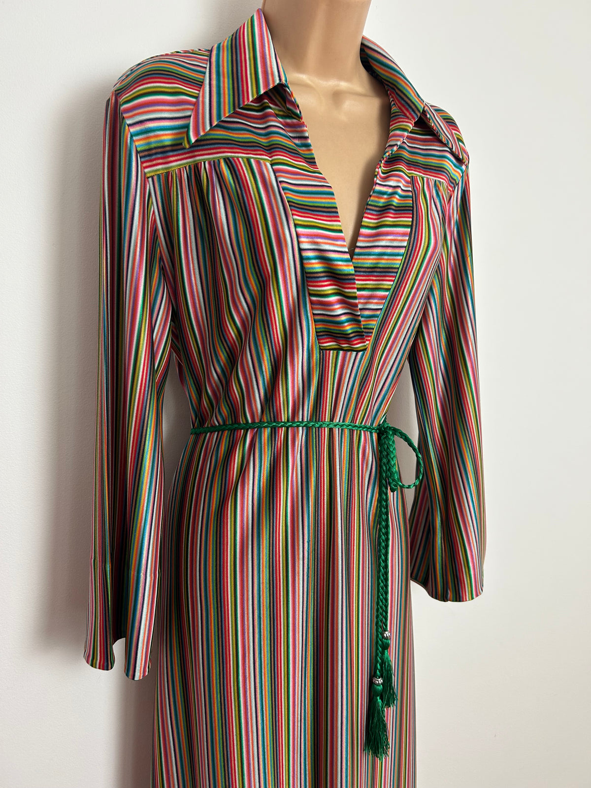 Vintage 1970s Up To Size 16 ST MICHAEL Green Pink Red Yellow Stripe Print Dagger Collar Kaftan Maxi Dress