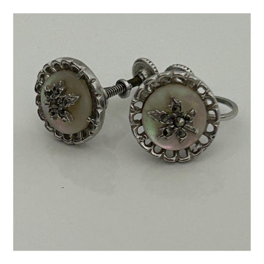 Vintage 1950s Rare & Collectable Canadian KEYES Silver Tone Mother Of Pearl Maple Leaf Screw Back Earrings