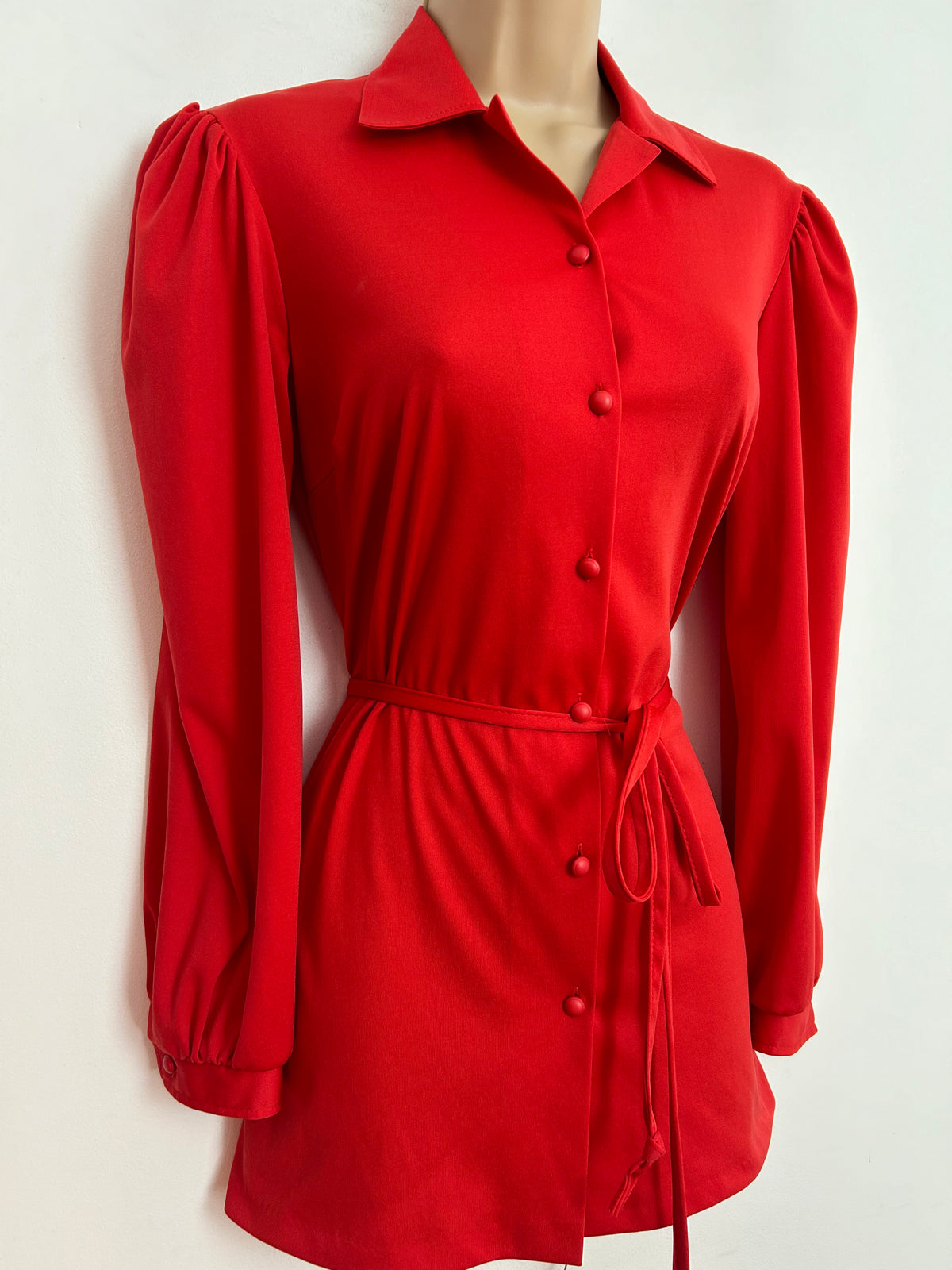 Vintage Early 1980s UK Size 10 Red Long Sleeve Belted Shirt