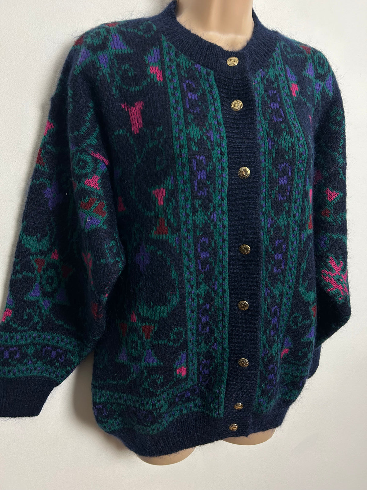 Vintage 1980s Size 14-16 Navy Blue Teal & Pink Abstract Pattern Mohair & Wool Mix Cardigan