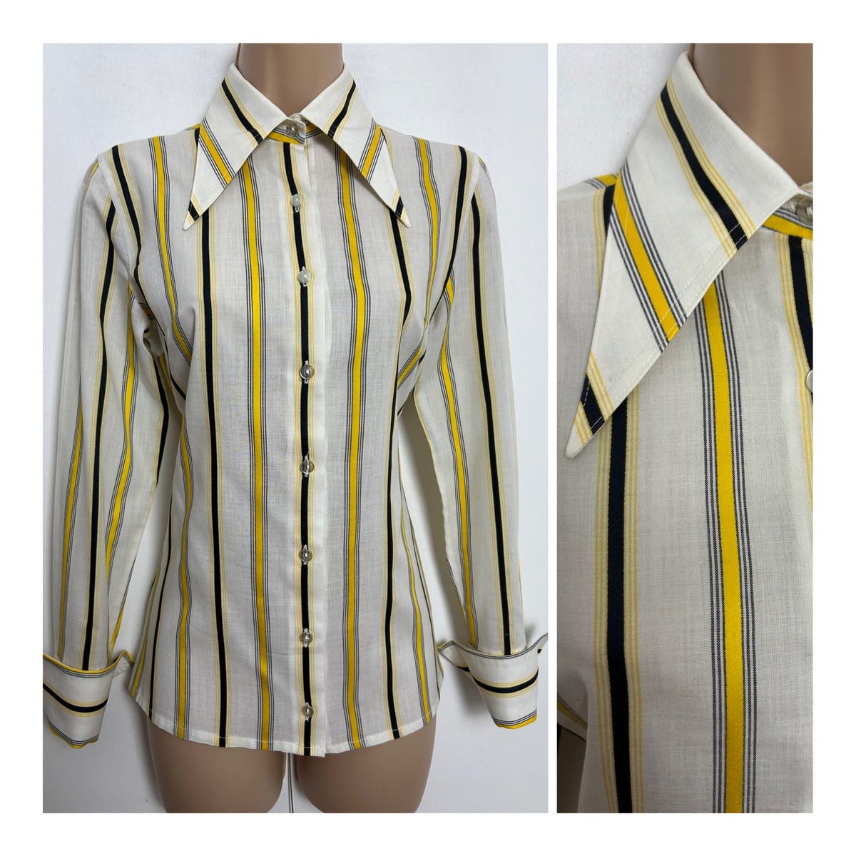 Vintage 1970s Size 8 White Yellow & Black Vertical Stripe Print Cotton Mix Long Sleeve Dagger Collar Shirt