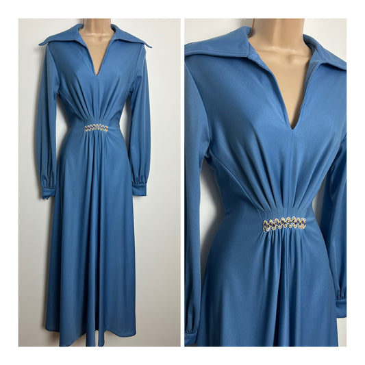 Vintage 1970s LEYGIL OF LONDON Size 8 Powder Blue Dagger Collar Embellished Waist Occasion Dress