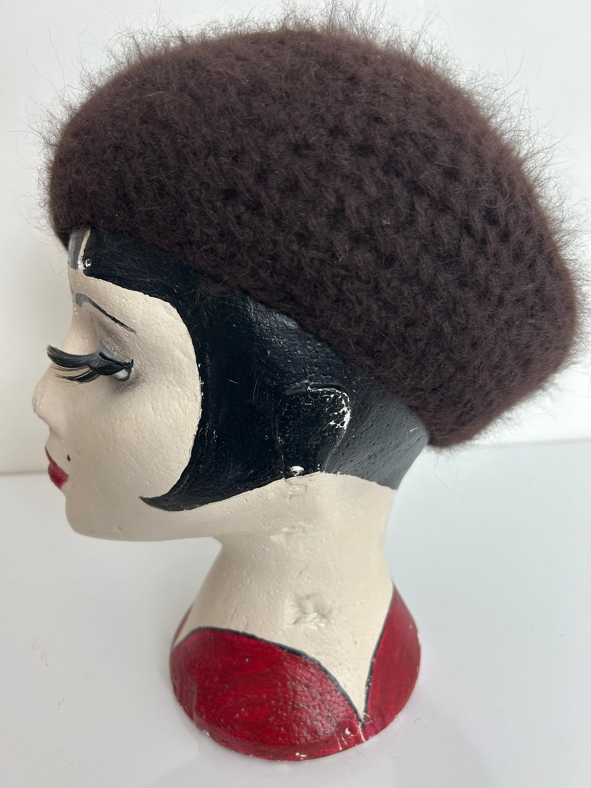 Vintage Handmade Dark Brown Angora & Wool Mix Semi Chunky Knit Beret/Beanie Style Hat