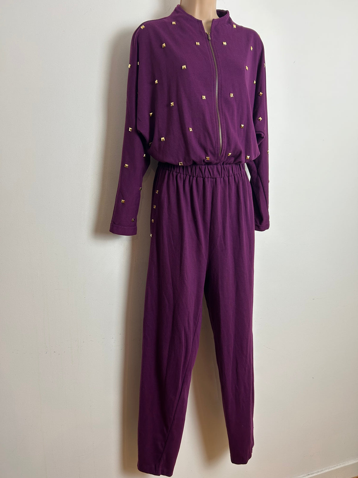 Vintage 1980s STYLES TO GO Size 10-12 Purple Jersey Stud Detail Zip Fronted Casual Jumpsuit