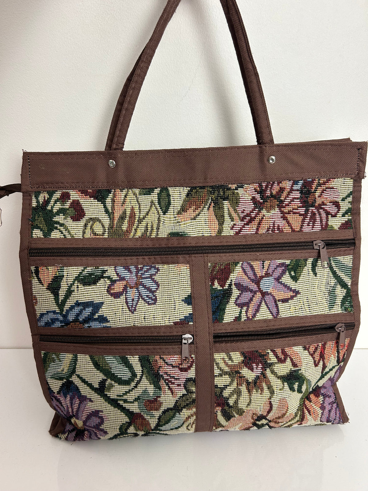 Vintage 1980s Brown Canvas Floral Tapestry Zip Pocket Shopping Bag