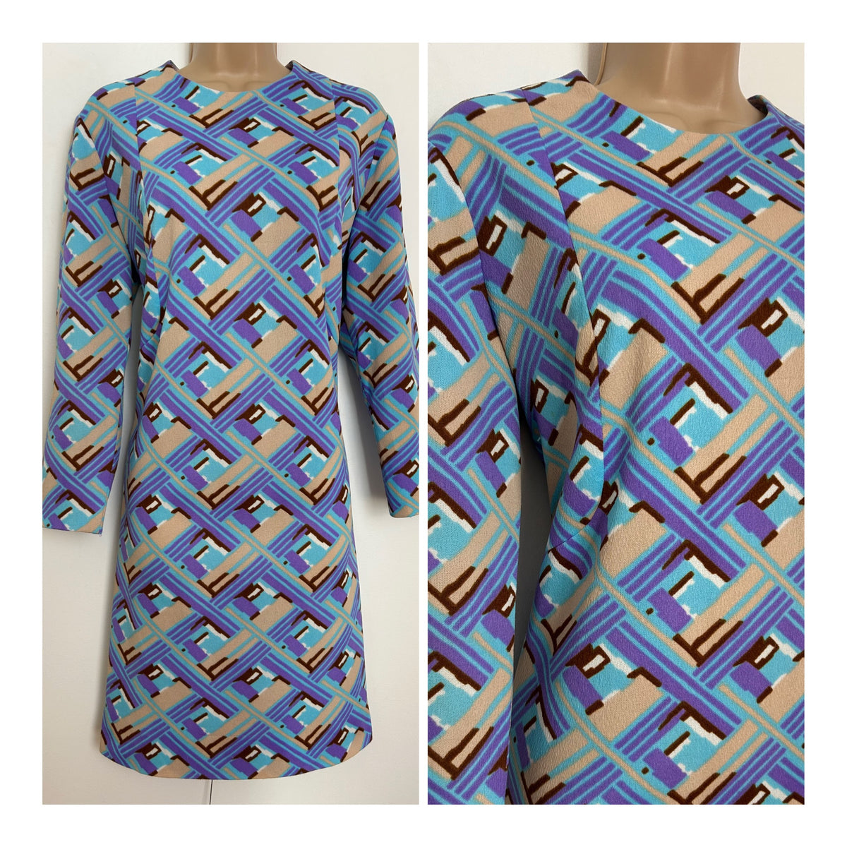 Vintage 1960s Size 14 Purple Blue Beige & Brown Abstract Print 3/4 Sleeve Mod Shift Dress