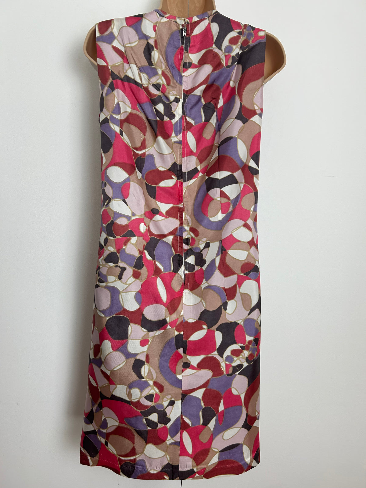 Vintage 1960s Size 14 Pink Mauve Beige & White Abstract Print Mod Shit Dress