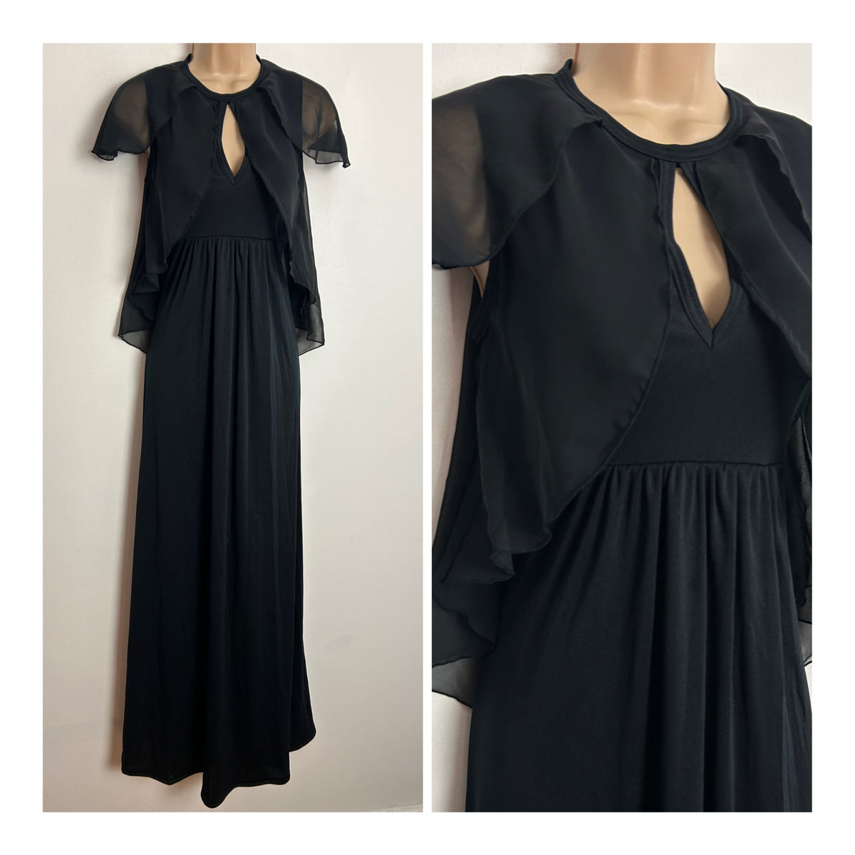 Vintage 1970s MR DARREN UK Size 6-8 Black Chiffon Overlay & Petal Sleeves Maxi Dress