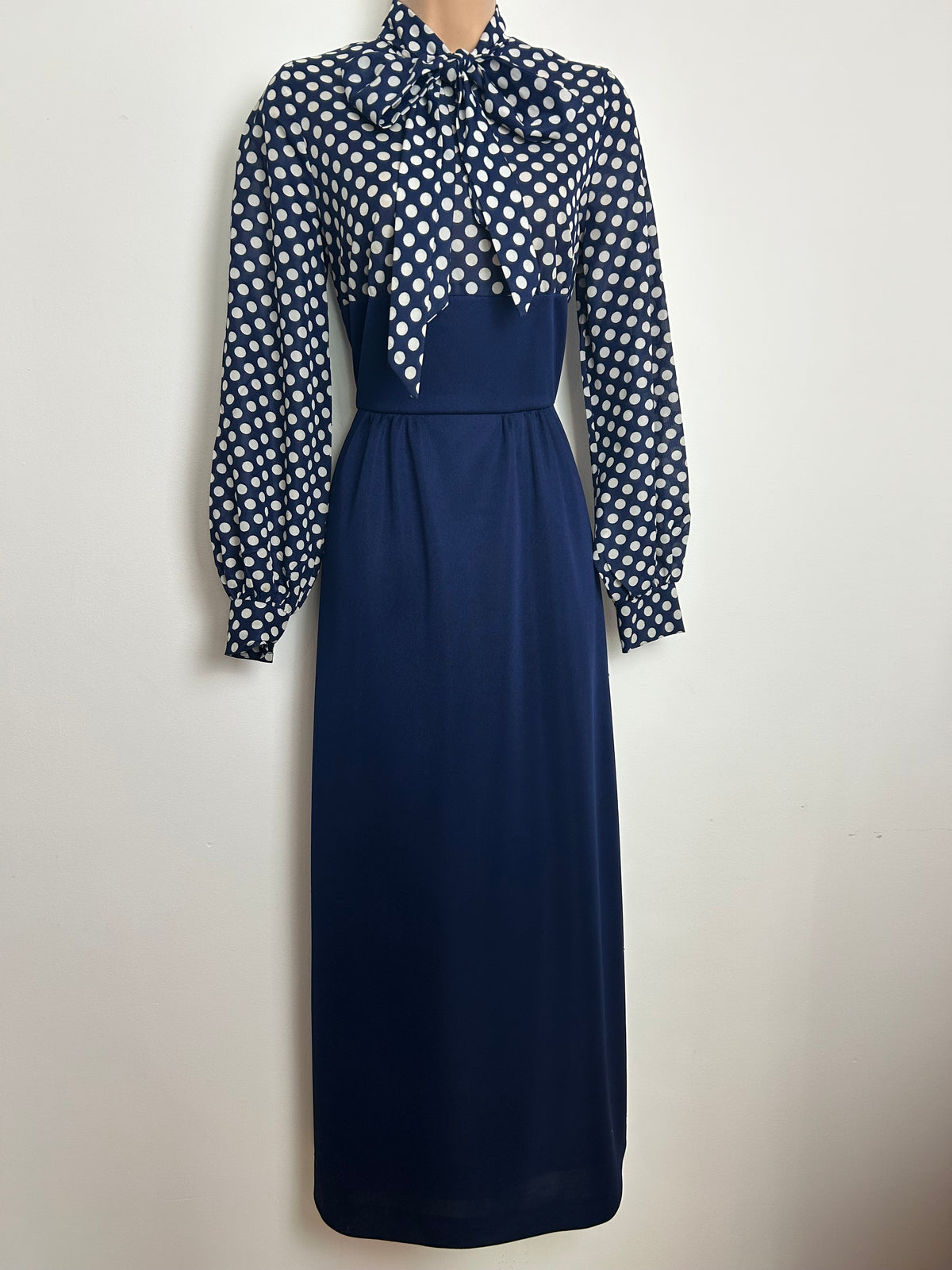 Vintage 1970s BARNABY Size 8 Navy Blue & White Polka Dot Pussy Bow Maxi Dress & Matching Waistcoat