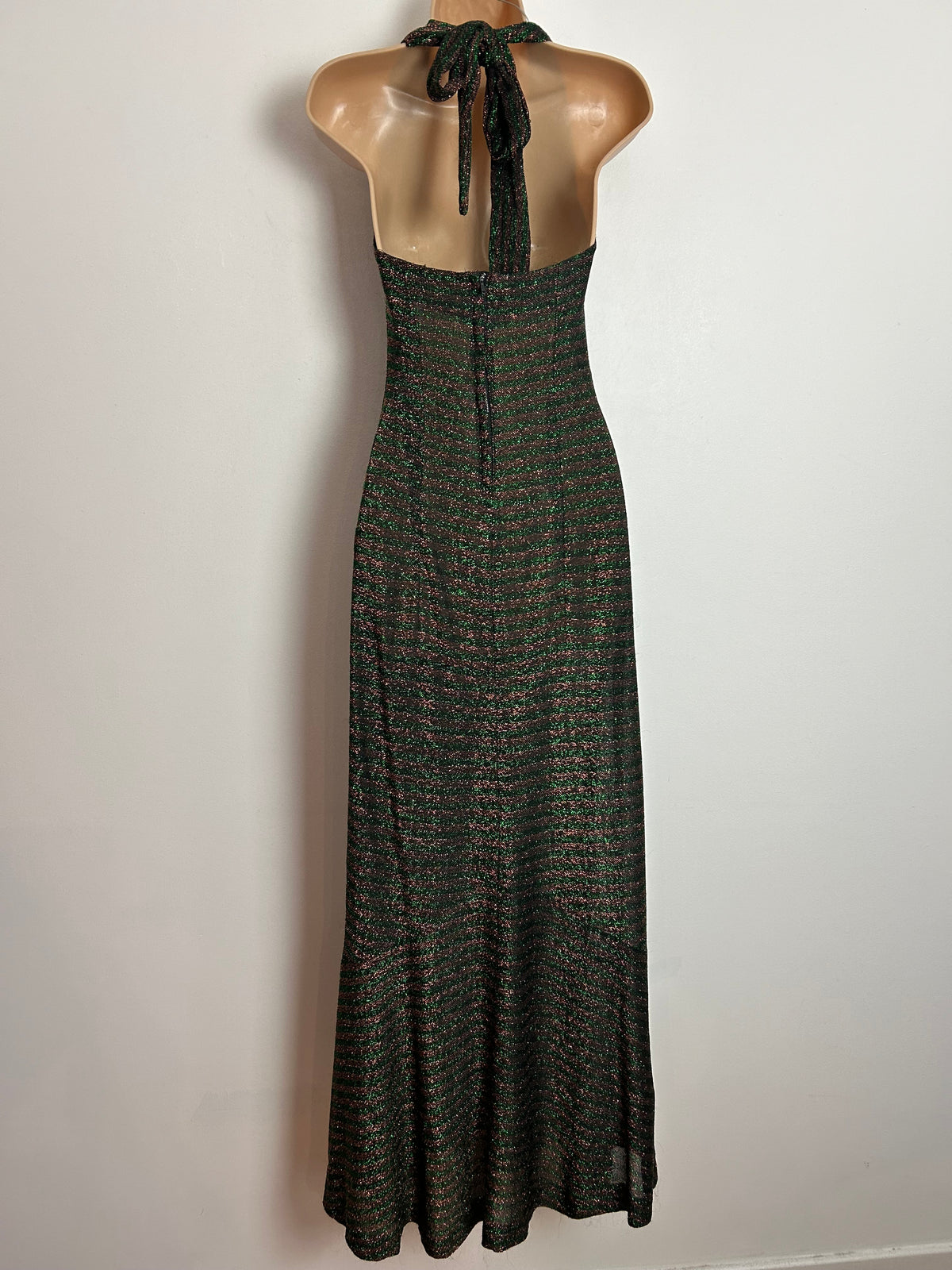 Vintage Late 1960s ARISTOS OF LONDON CARNABY ST UK Size 6 Black Bronze & Green Lurex Stripe Halterneck Occasion Maxi Dress