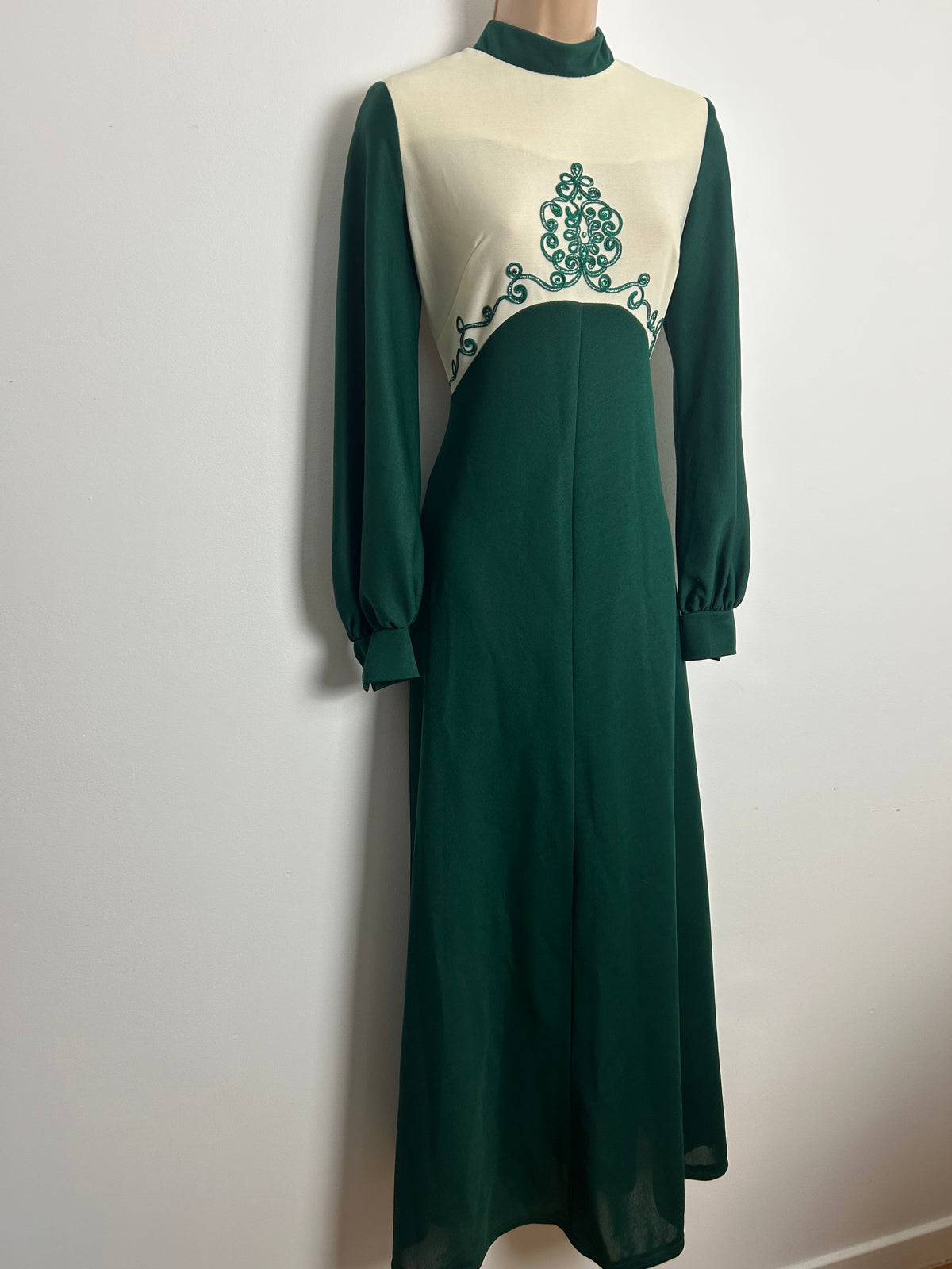Vintage 1970s Size 10 Bottle Green & Cream Braid & Diamante Detail Long Sleeve Evening Maxi Dress