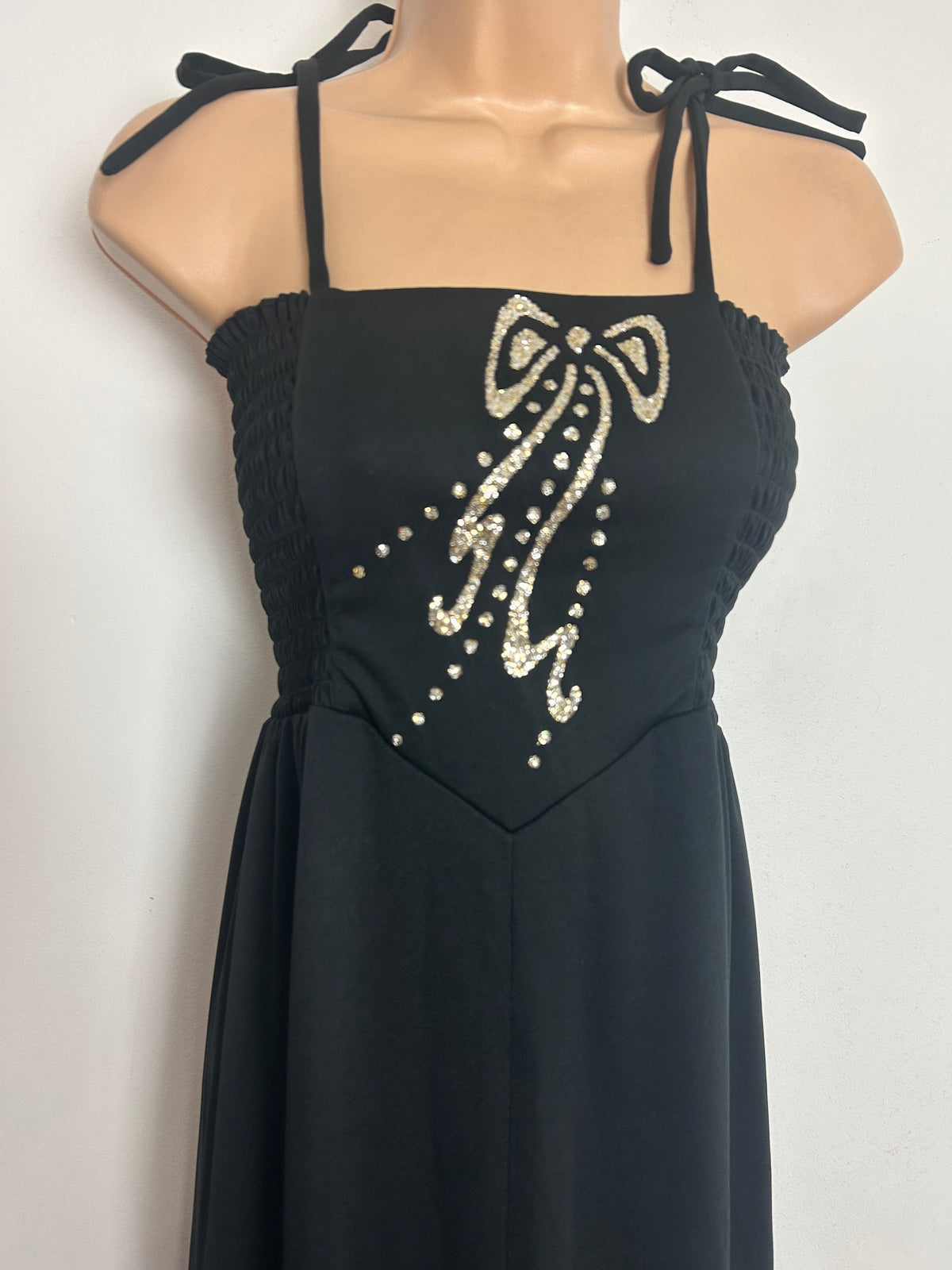 Vintage 1970s Size 10-12 Black Tie Shoulder Shirred Bodice Gold Glitter Bow Detail Maxi Dress