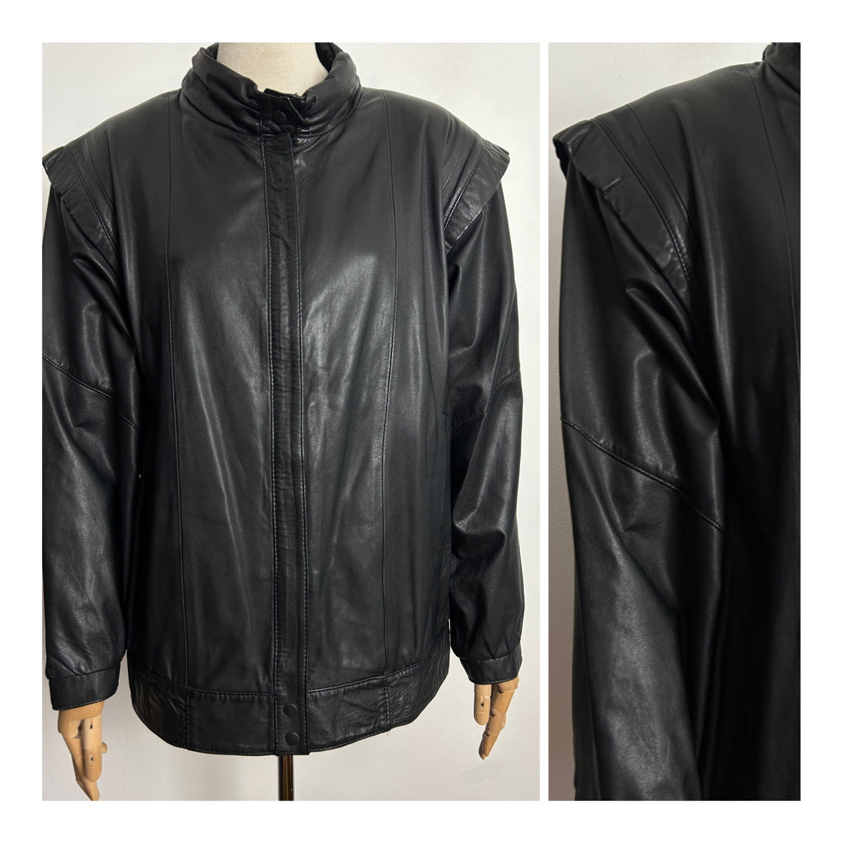 Vintage 1980s CANDA UK Size 14-16 Black Leather Round Neck Leather Jacket