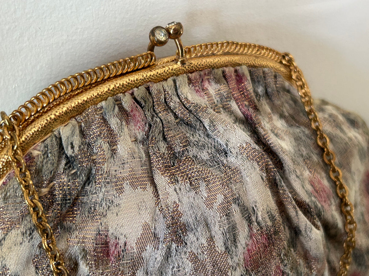 Vintage 1940s Small Cream Pink & Gold Jacquard Gold Tone Mini Purse Bag