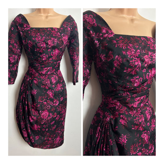 Vintage Late 1940s Early 1950s SUTIN ETTE Size 6 Black & Dark Pink Tones Floral Print Pleated Sash Detail Occasion Dress