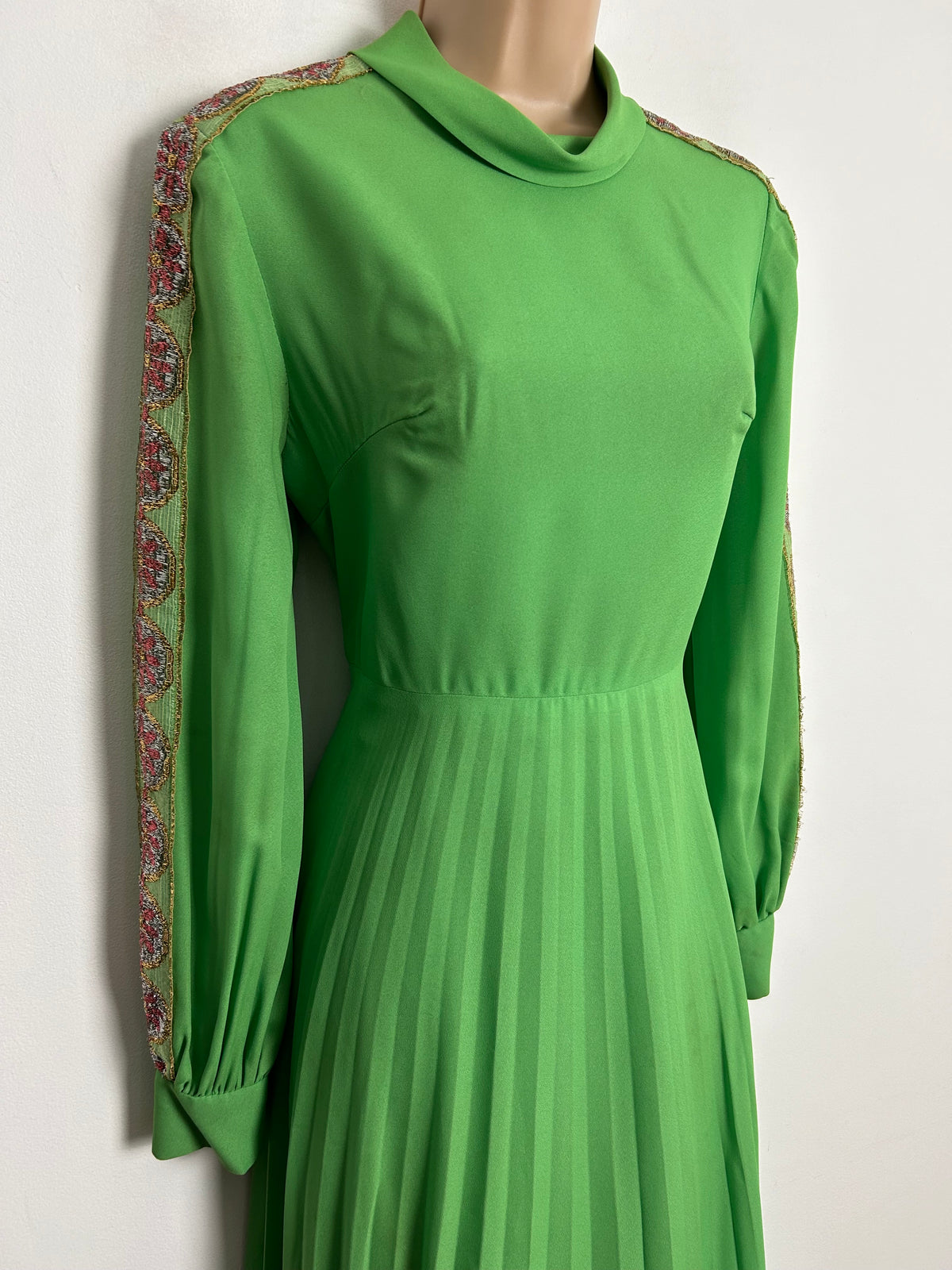 Vintage 1970s UK Size 10 Lime Green Chiffon Pleated Long Sleeve Glittery Braid Trim Occasion Maxi Dress