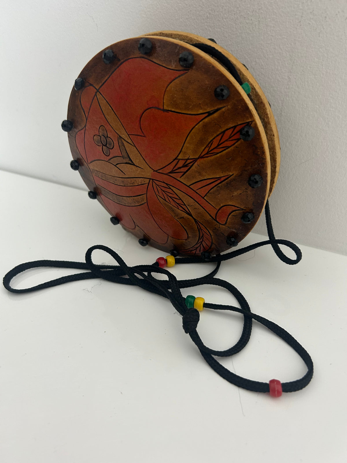 Hand Carved Hand Pained Jamaican Wooden Disc Small Purse