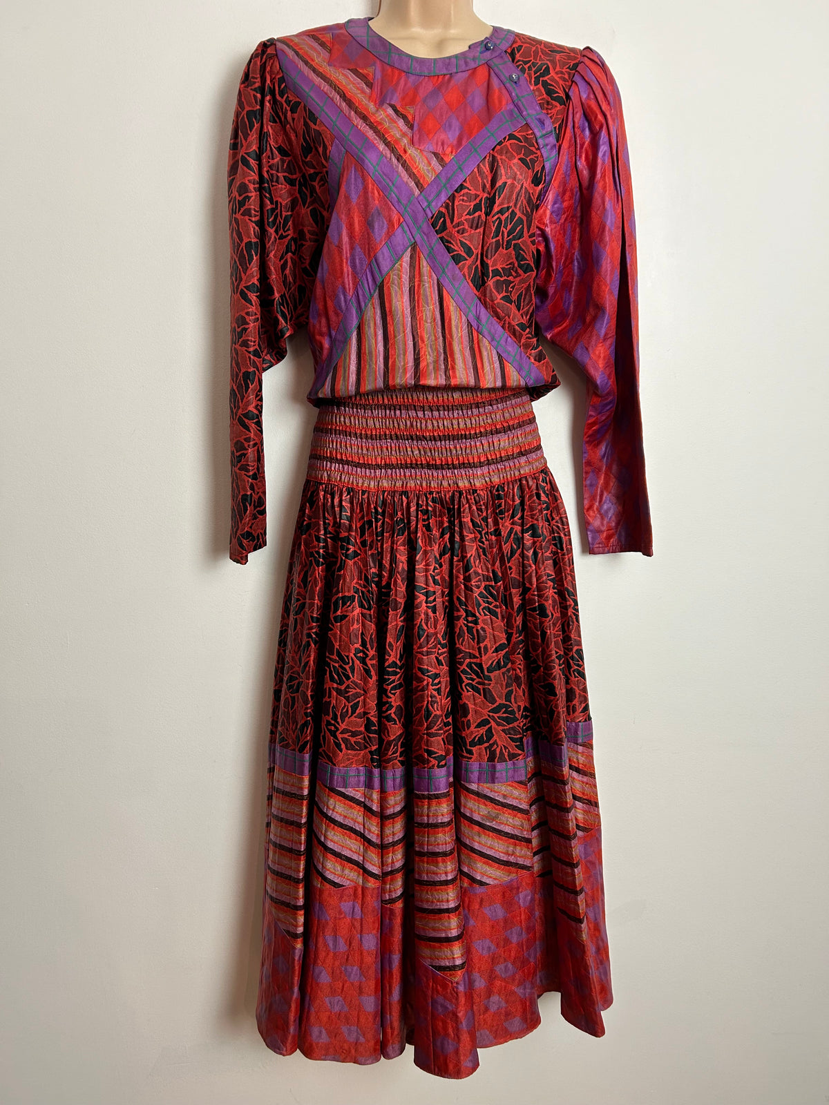 Vintage 1980s DIANE FREIS UK Size 12 AMAZING Orange Mix Abstract Print Long Sleeve Maxi Dress