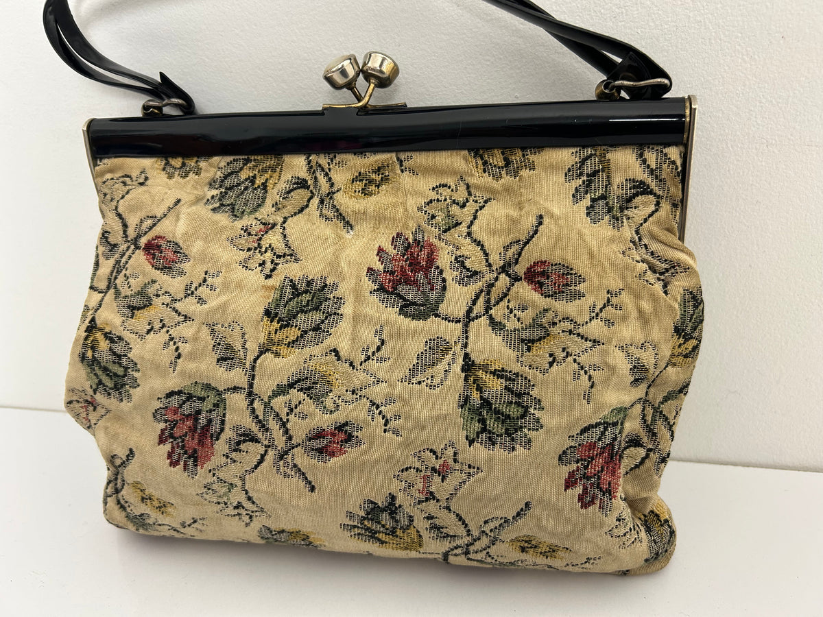 Vintage 1960s Cream & Pink Floral Woven Carpet Kiss Lock Bag