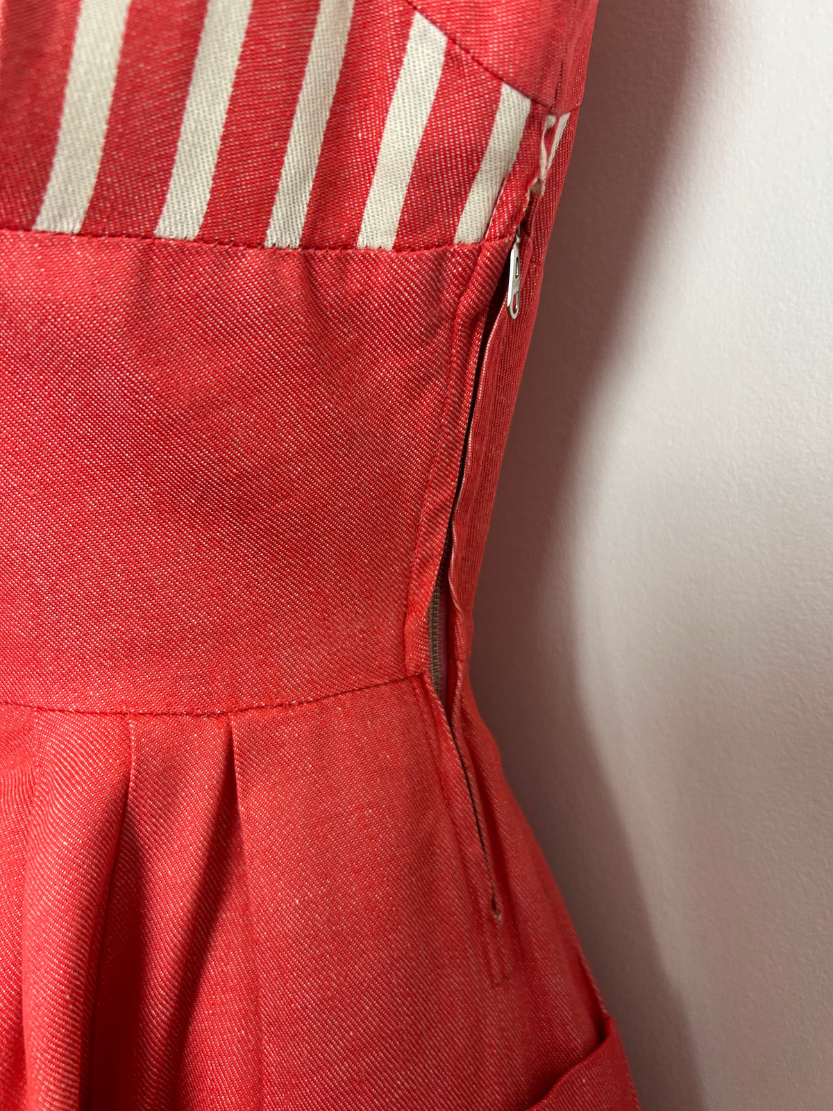 Vintage Late 1950s/Early 1960s BRIGITTE Size 6 Red & White Stripe Print Pocket Detail Pleated Rockabilly Dress