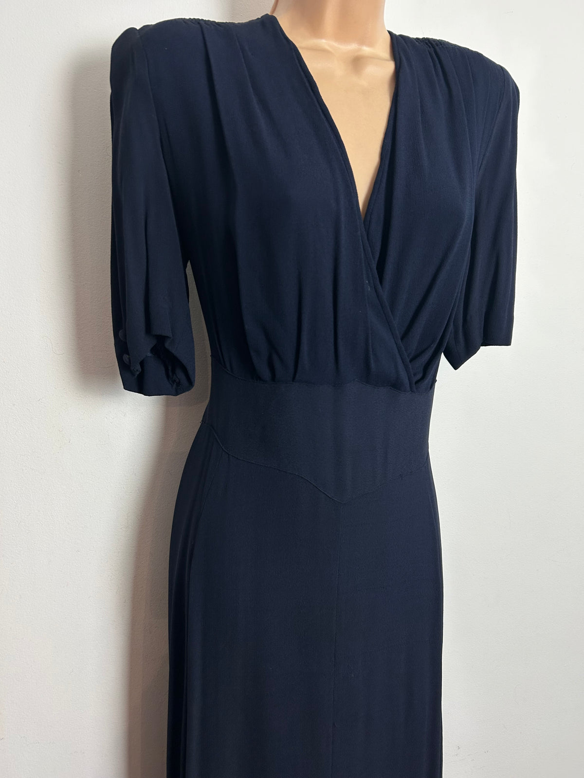 Vintage 1940s Size 12 Navy Blue Rayon Wartime WW2 Era Landgirls Rayon Tea Dress