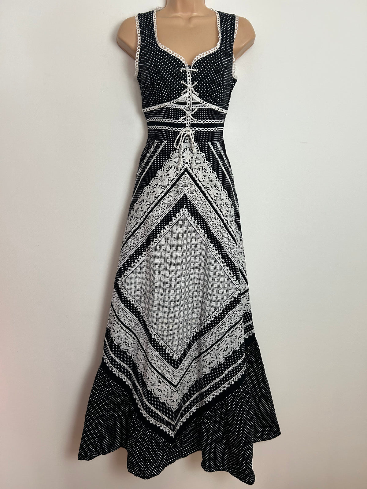Vintage 1970s MARC RENE Size 6 Black & White Polka Dot & Trompe L'oeil Print Lace Up Front Cotton Maxi Dress