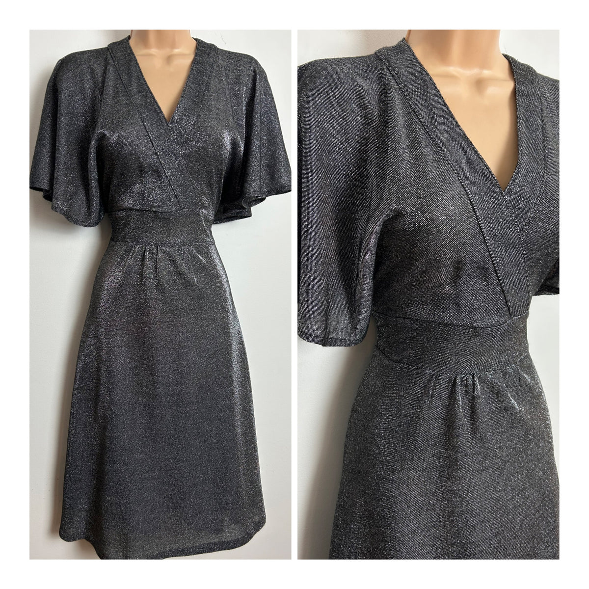 Vintage 1970s ARIES Size 10 Black & Silver Lurex Glittery Flutter Sleeve Tie Back Xmas Party Evening Dress