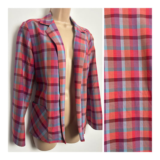 Vintage Early 1980s ST MICHAEL Size 12 Pink Coral & Blue Check Print Cotton Mix Blazer Style Shirt