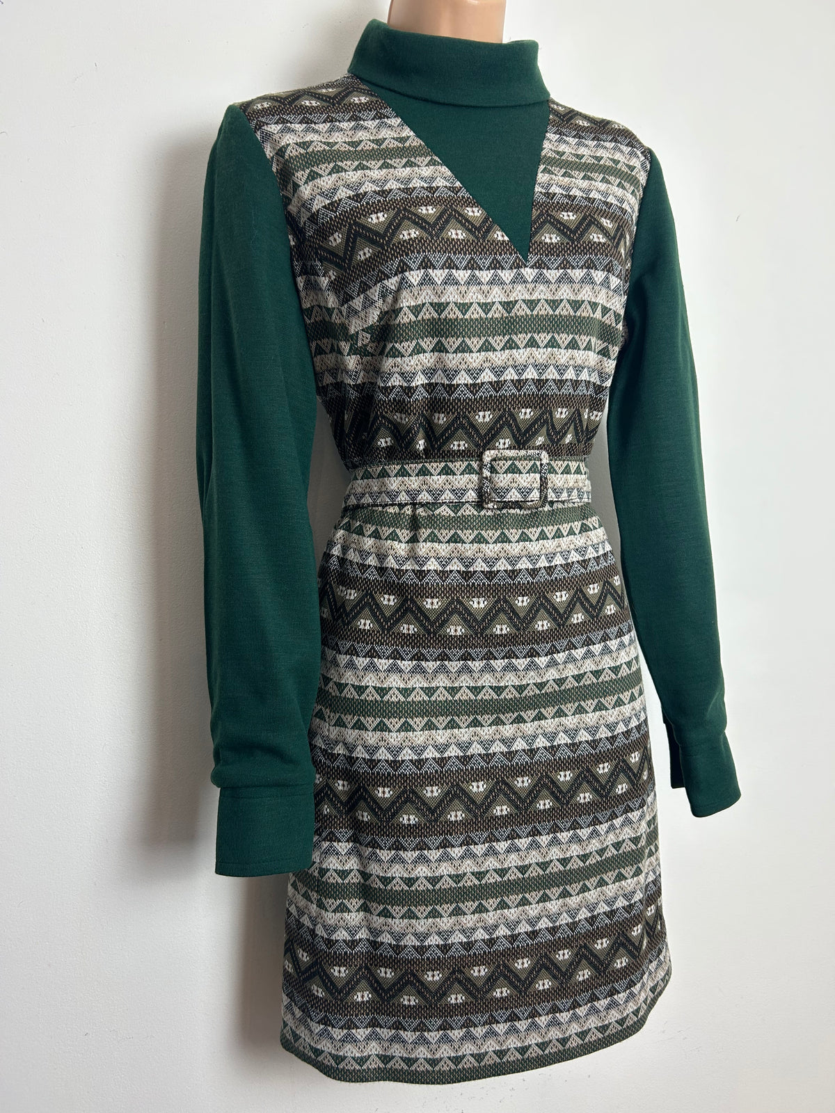 Vintage 1960s BICKLER Size 12-14 Dark Green & Beige Abstract Geo Print Jersey Long Sleeve Belted Mod Day Dress