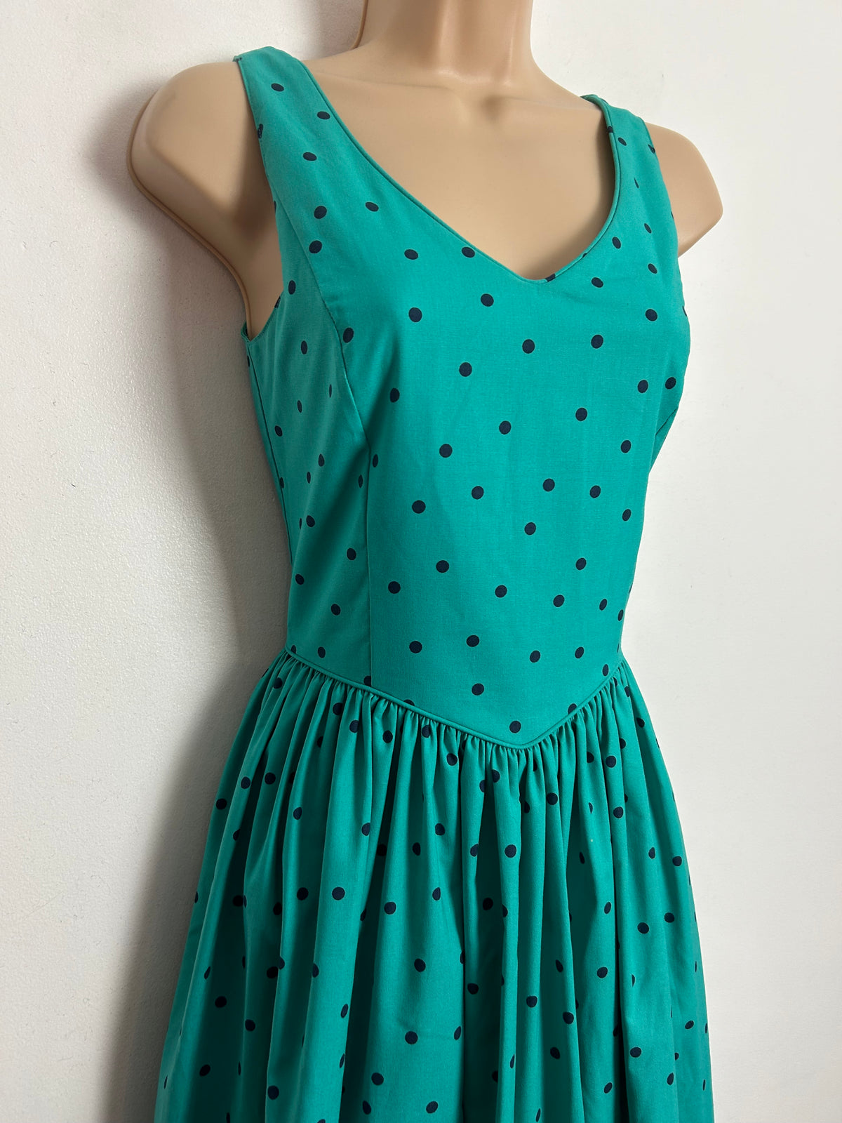 Vintage 80s LAURA ASHLEY UK Size 6-8 (Size 10 On Label) Green & Black Polka Dot Print Cotton Dress & Matching Bolero Jacket