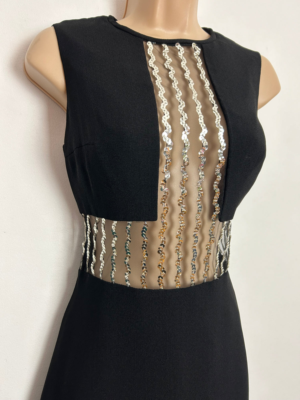 Vintage 1960s JOBI UK Size 8 Black Mesh & Sequin Panelled Mod Party Occasion Shift Dress