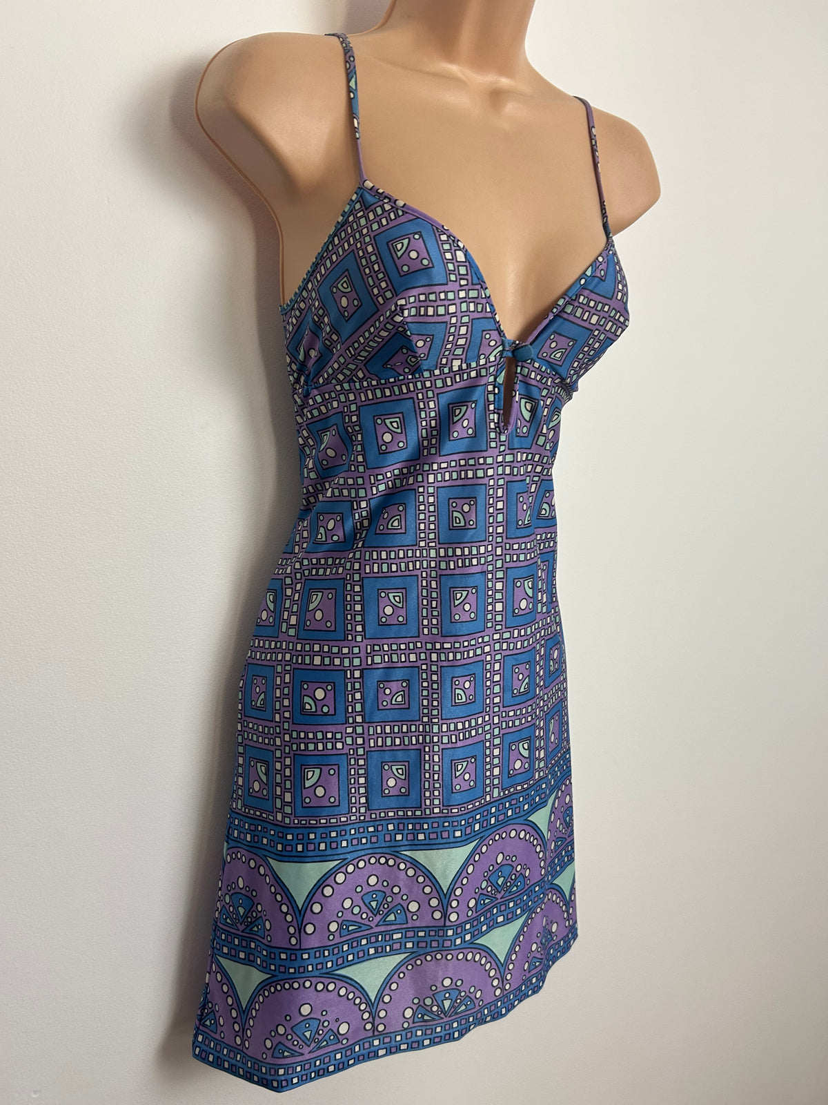 Vintage 1970s PIPPA DEE Size 8 Blue Lilac & Mint Green Geo Print Summer Sun Dress