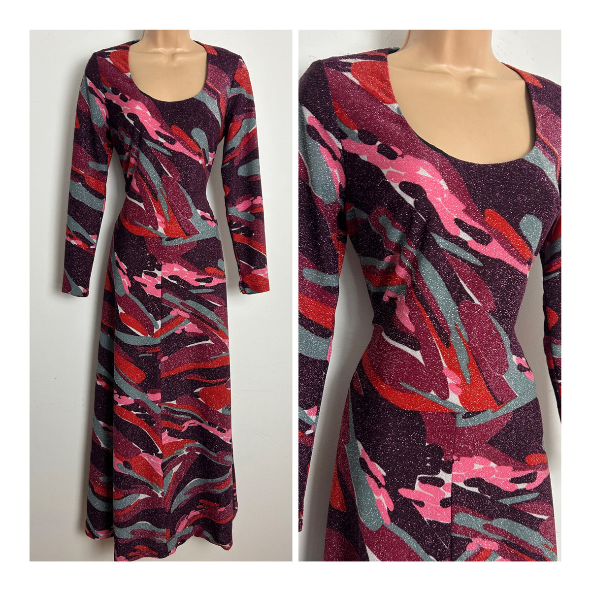 Vintage 1970s Size 10 Purple Maroon Pink & Red Abstract Print Lurex Occasion Maxi Dress