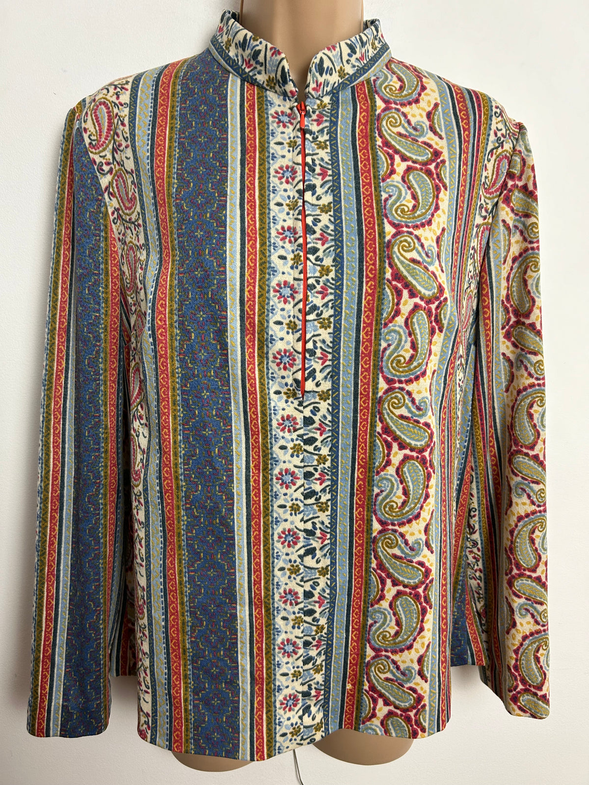 Vintage 1970s UK Size 14-16 Blue Cream & Dark Pink Tones Stripe Floral & Paisley Print Long Sleeve Top
