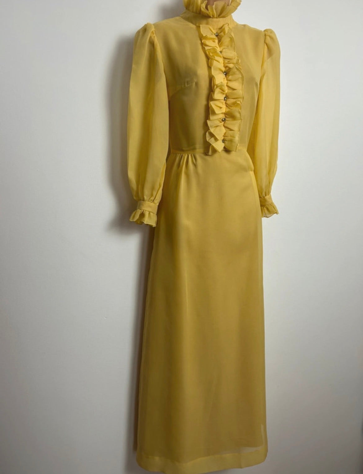 Vintage 1970s Size 6-8 Mustard Yellow Ruffle Trim Long Sleeve Prairie Maxi Dress