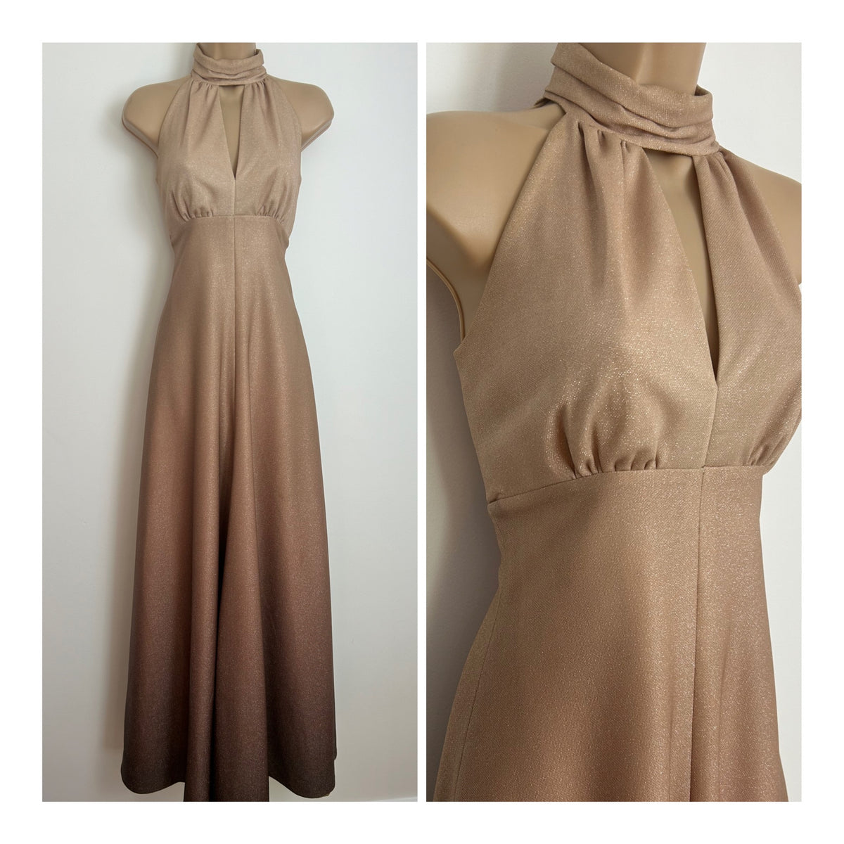 Vintage 1970s Size 6-8 Gold Ombre Sleeveless Keyhole Lurex Occasion Maxi Dress